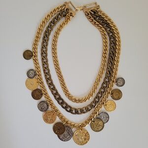 PETER LANG Vintage  Statement Necklace Modernist Chunky Chain & Coin Charms .
